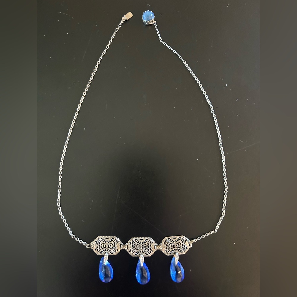 Silver Filigree Necklace with Three Blue Teardrop Stones